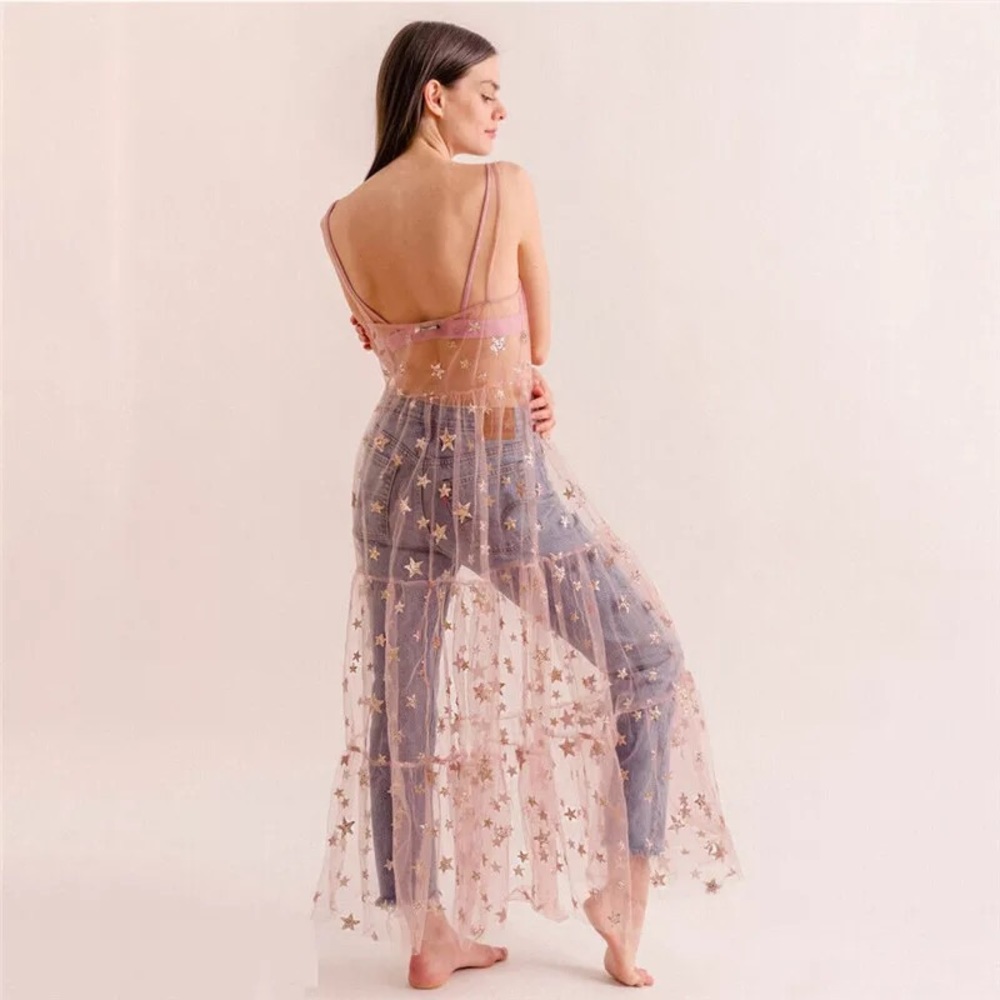 Blushing Galaxy Sparkle Mesh Maxi Dress Coverup